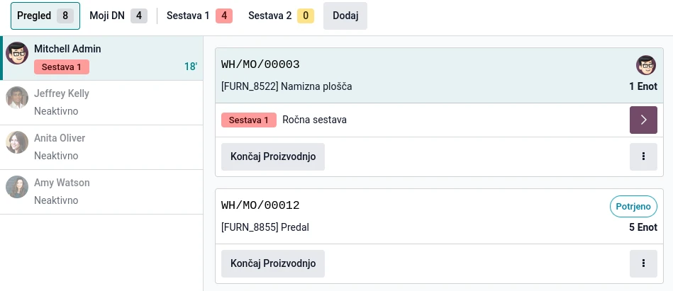 Odoo Shop Floor prikazuje aktivni delovni nalog za ročno sestavo, potrjeni čakajoči nalog, seznam izvajalcev, merjenje časa in načrtovane količine.