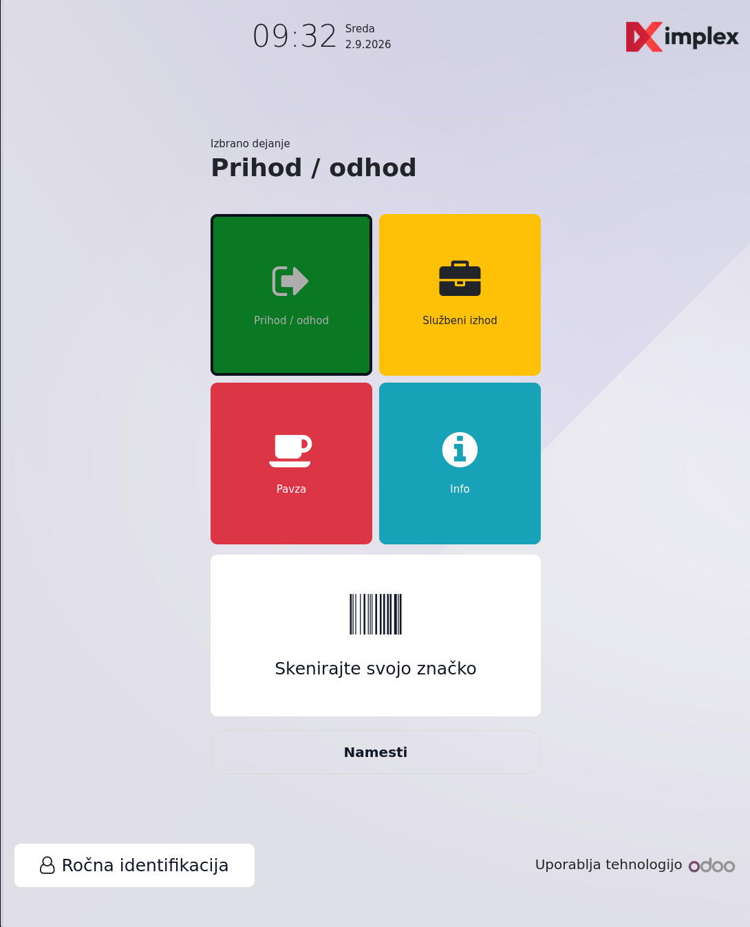 Razširjeni Odoo kiosk na delovnem mestu z možnostmi za prihod in odhod, službeni izhod, odmor in informacije