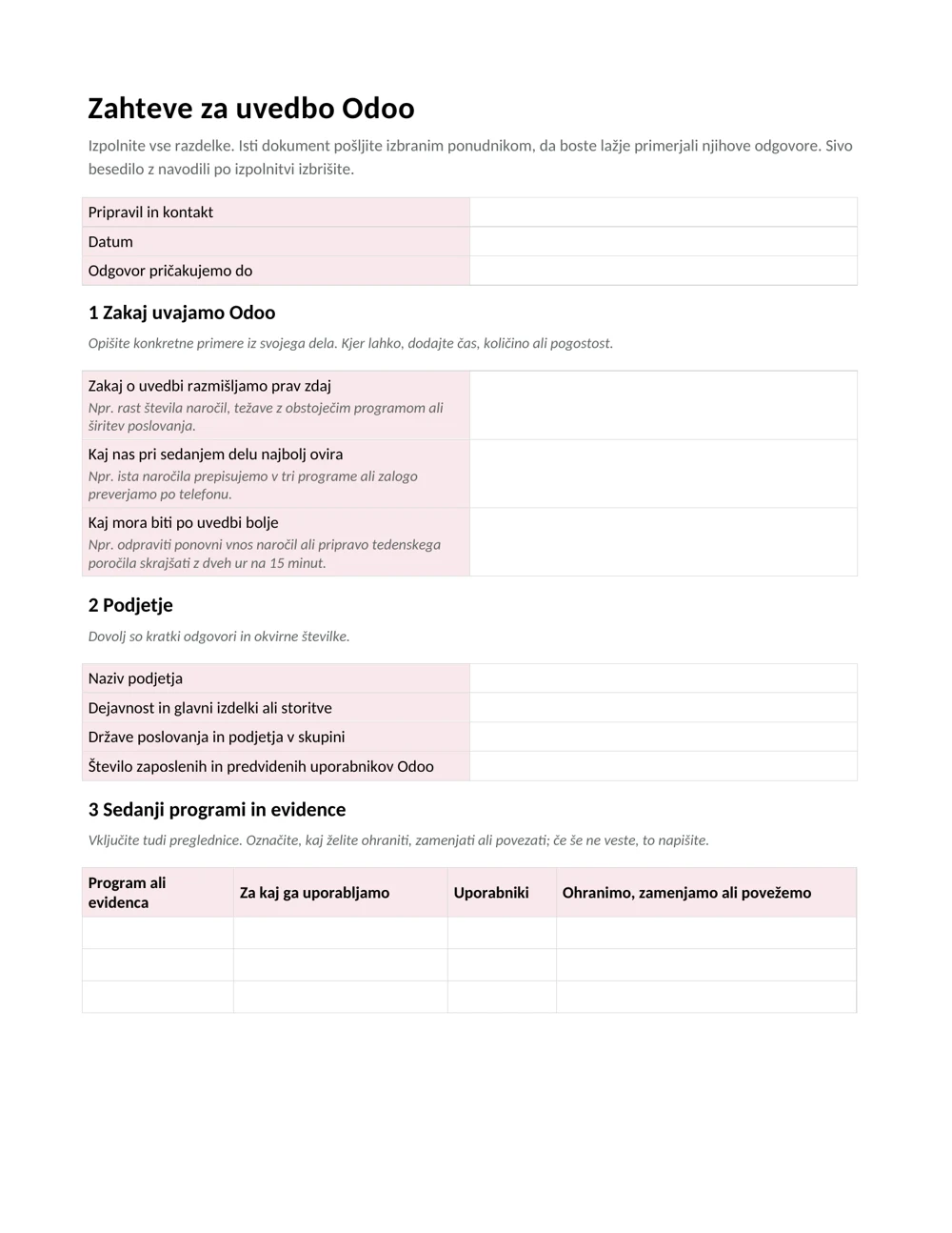 Predogled prve strani predloge Zahteve za uvedbo Odoo z vprašanji o razlogih za uvedbo, podjetju in sedanjih programih.